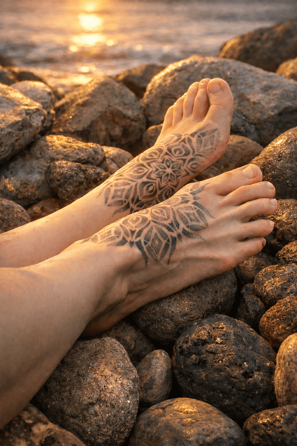Empeines tatuados en simetría con un mandala en puntillismo, diseño artístico elaborado a mano por GuaciMara