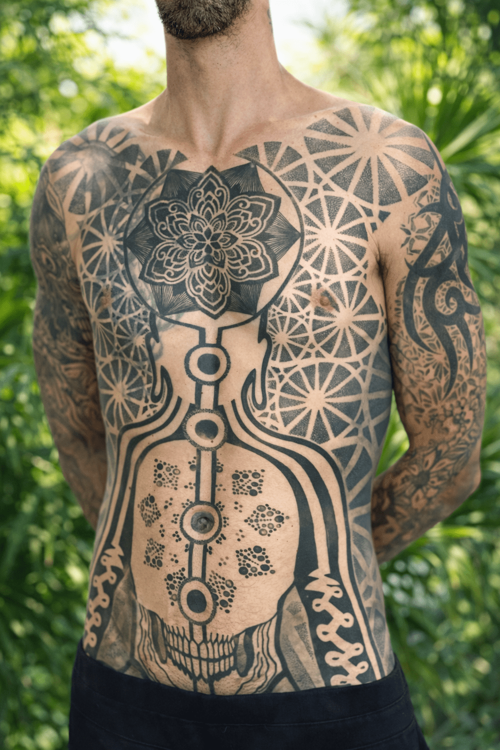 Tatuaje inspirado en la meditación y respiración, con chakras tatuados en técnica de dotwork, diseño simbólico creado por GuaciMara