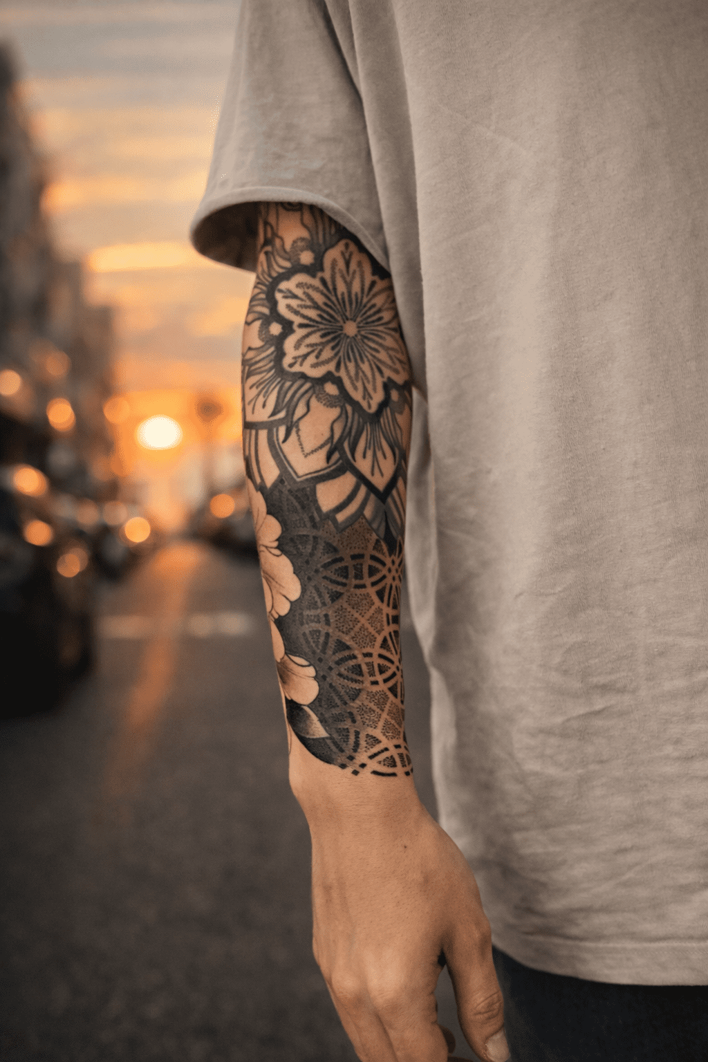 Tattoo geométrico en antebrazo realizado con la técnica de dotwork, diseño creado por la artista GuaciMara