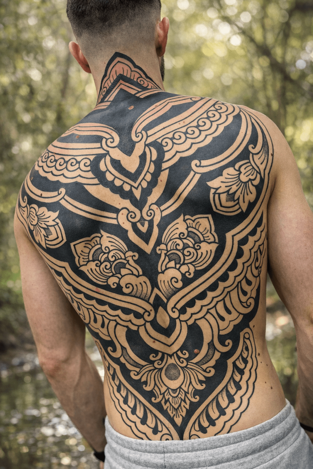 Tattoo en espalda completa masculina, diseño tribal sólido realizado por la artista GuaciMara en Las Palmas de Gran Canaria.