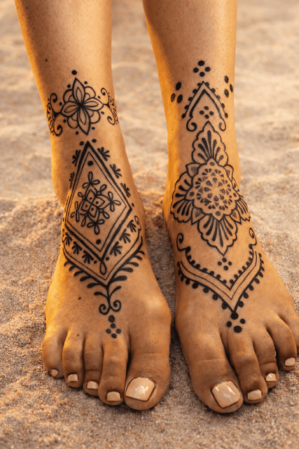 Tatuaje de tribal ornamental hindú en empeines de mujer, diseño artístico realizado en Las Palmas de Gran Canaria
