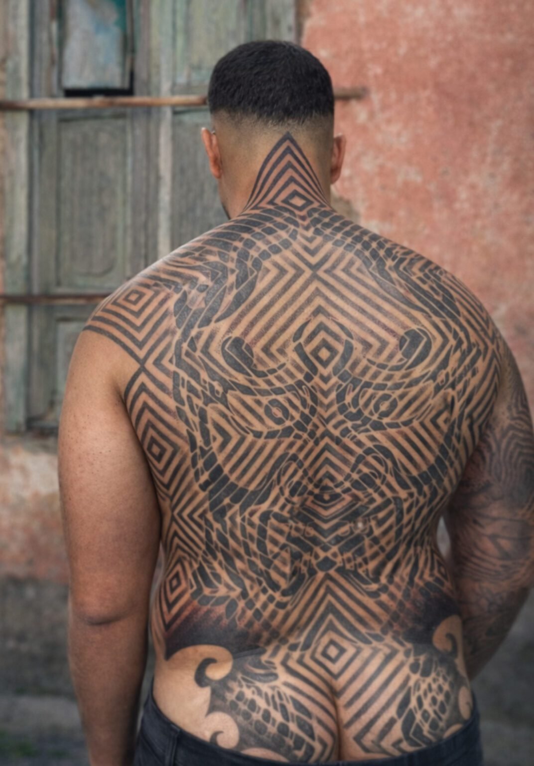 Tattoo de máscara tradicional japonesa en geometría realizado en dotwork, diseño artístico creado por GuaciMara