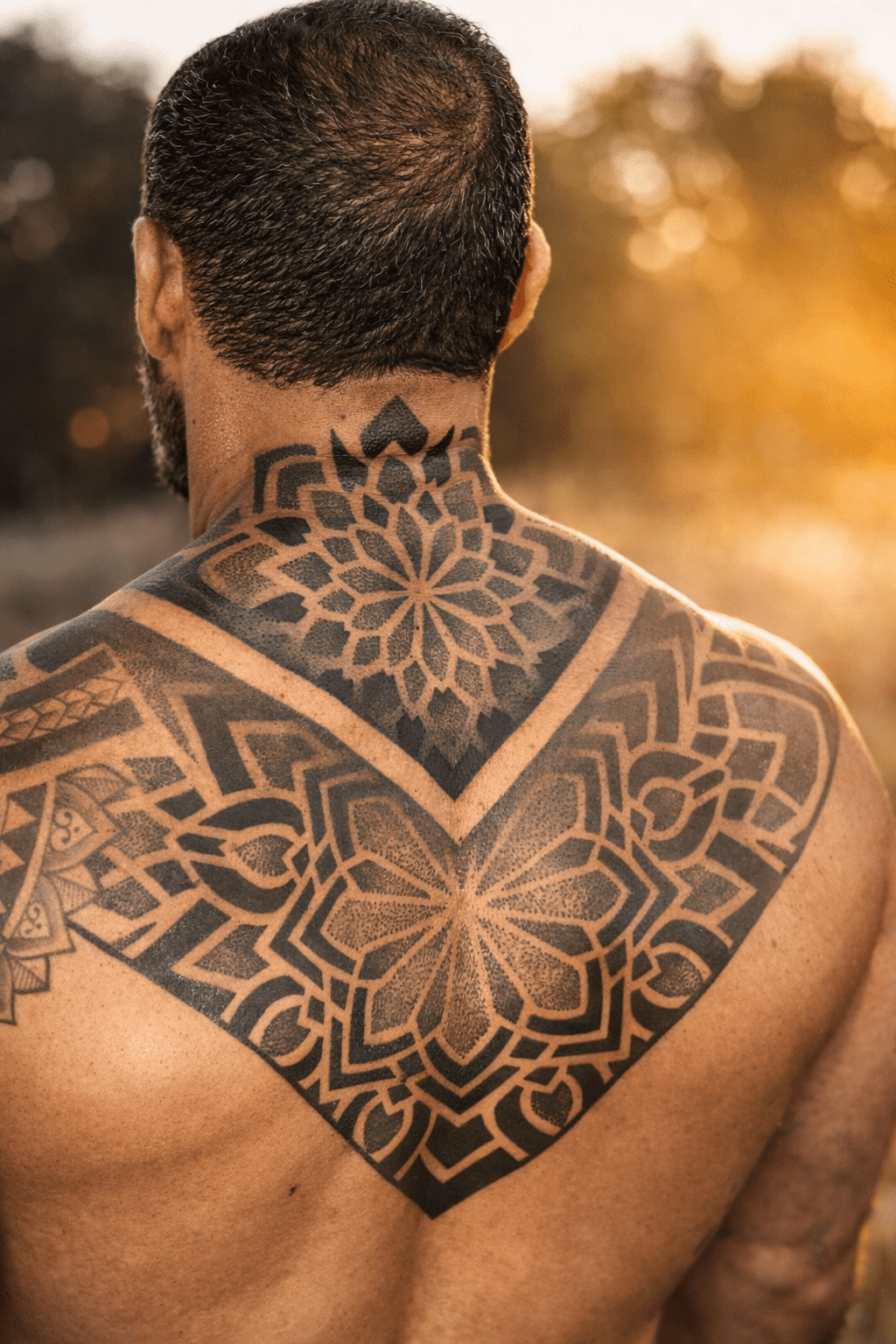 Tattoo de tribal geométrico en espalda de hombre fuerte, diseñado por la artista GuaciMara en Gran Canaria.