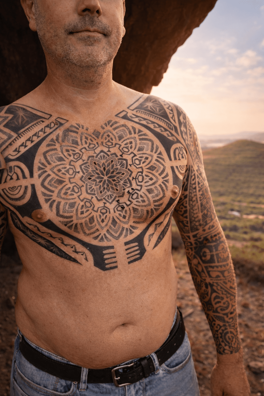 Tatuaje realizado en pecho masculino de estilo tribal de fusión geométrica y polinesia, diseño realizado artesanalmente con puntillismo, en Las Palmas