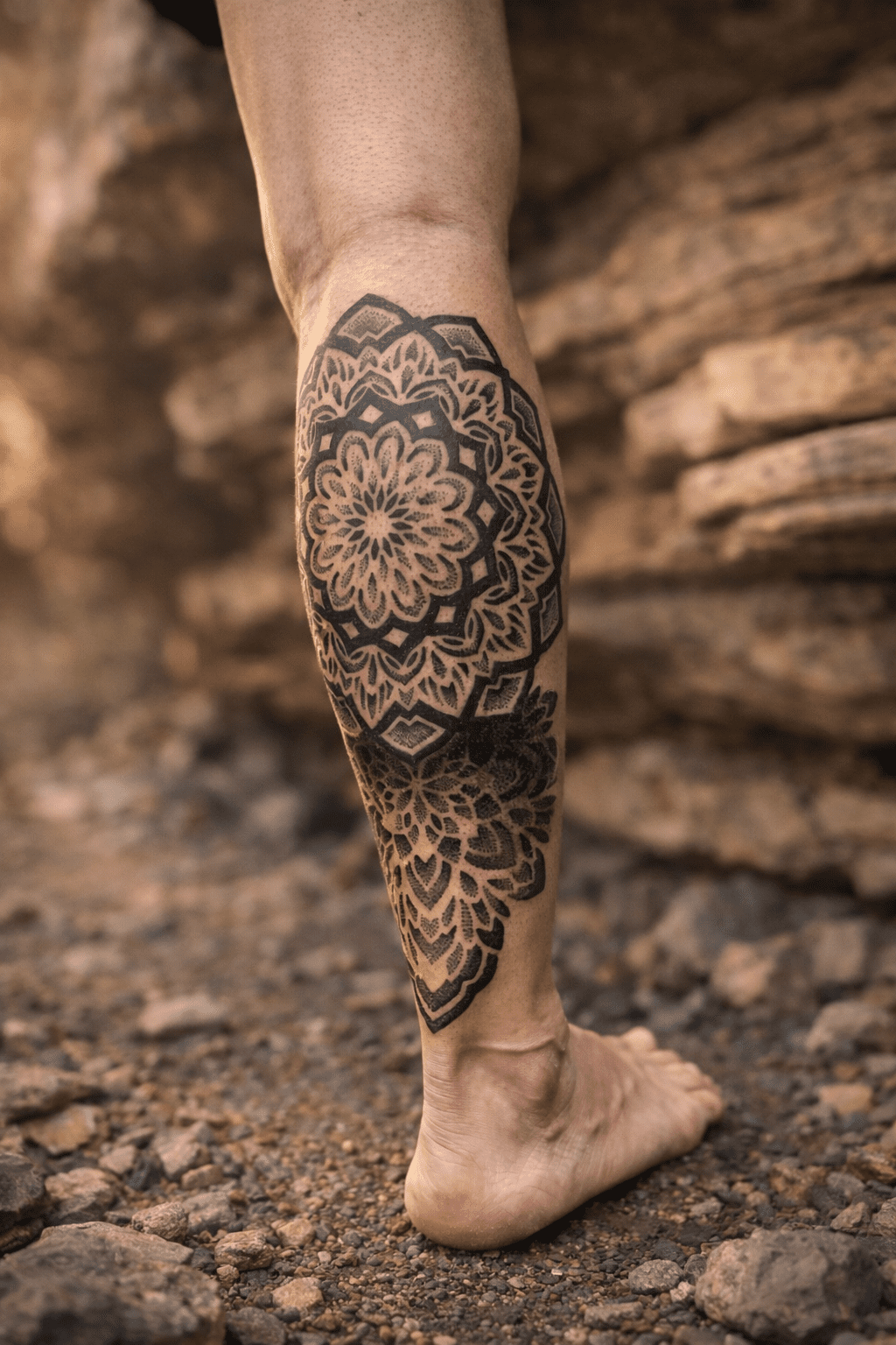 Pierna tatuada con geometría y mandalas en puntillismo, por la artista GuaciMara en el estudio de tatuajees Tinta Canaria